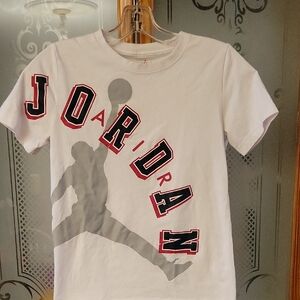 Jordan White Tee with Gray Silhouette and Red Accents
